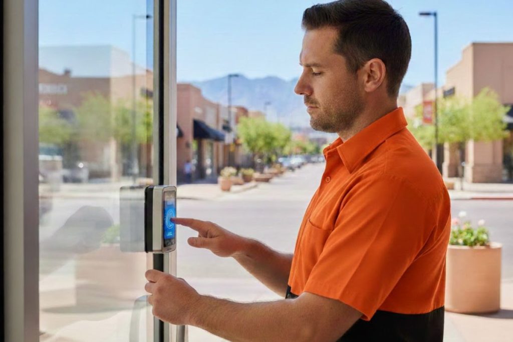 Professional locksmith in a dark gray and orange uniform installing an access control Albuquerque keypad on a glass business door.