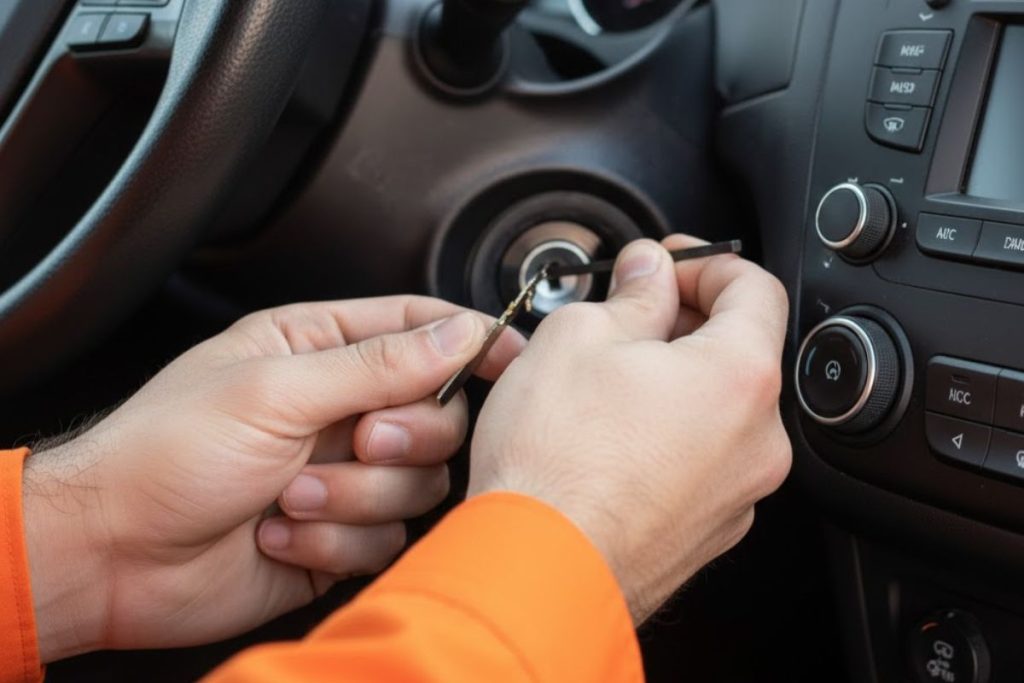 Close-up of a locksmith using a tool to extract a broken key from a car ignition inside the vehicle dashboard.