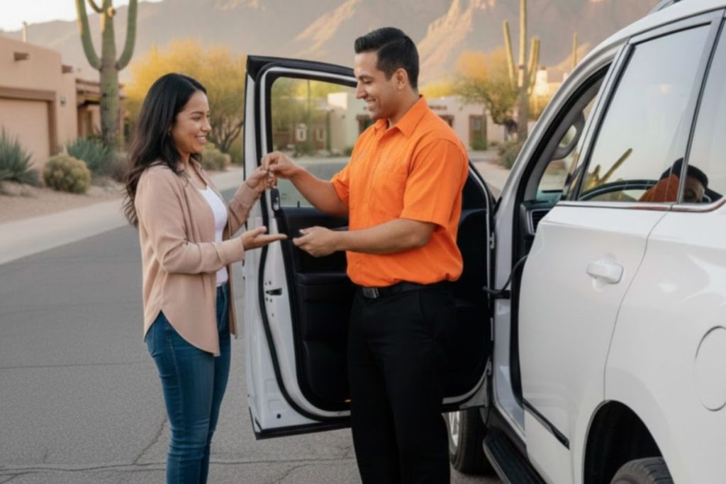A locksmith in an orange uniform hands car keys to a woman beside a white SUV with the door open, with desert mountains and cacti in the background.