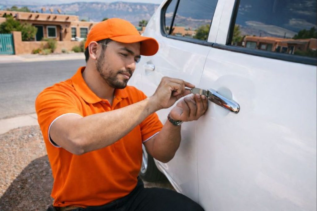 Automotive locksmith wearing an orange uniform and black pants unlocking a white car in an Albuquerque neighborhood, professional car lockout service.
