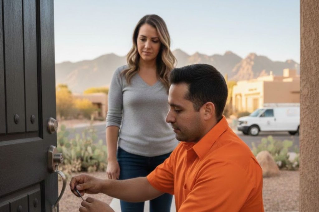 A locksmith in an orange uniform kneels at a home’s front door while working on the lock, as a woman stands nearby watching, with desert mountains and a service van in the background.