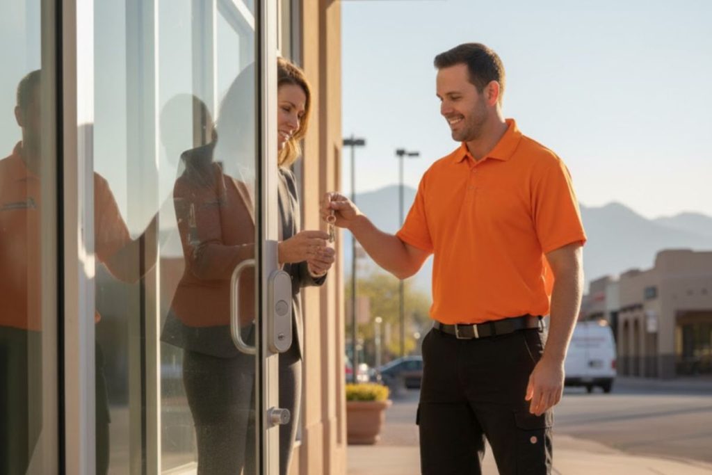 A locksmith in an orange uniform hands keys to a woman at a glass storefront door on a sunny day, with a street and mountains in the background.