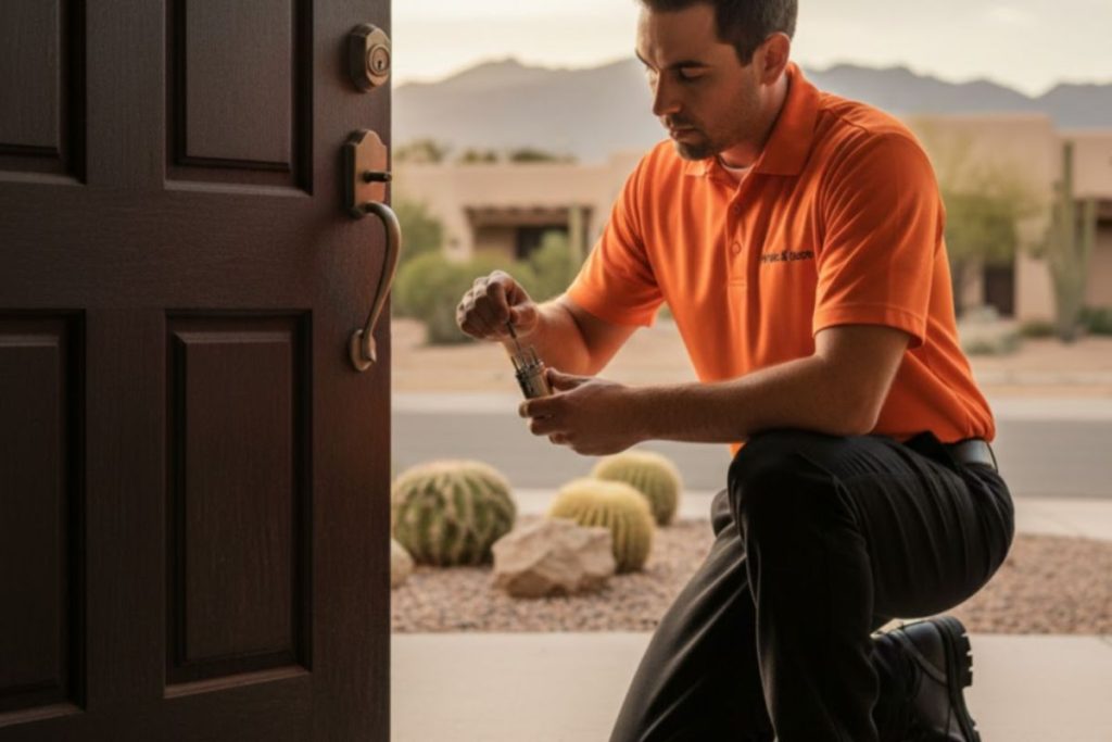 A locksmith in an orange shirt kneels at a home’s front entry while working on a lock cylinder, with a tool kit on the ground and desert landscaping in the background.