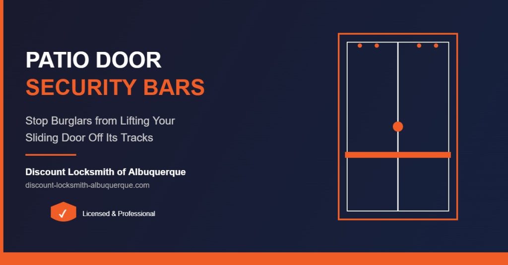 Patio door security bar and anti-lift hardware installed on a sliding glass door