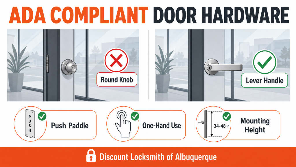 Infographic comparing ADA compliant door hardware: lever handle vs round knob, push paddle, one-hand use, 34-48 inch mounting height