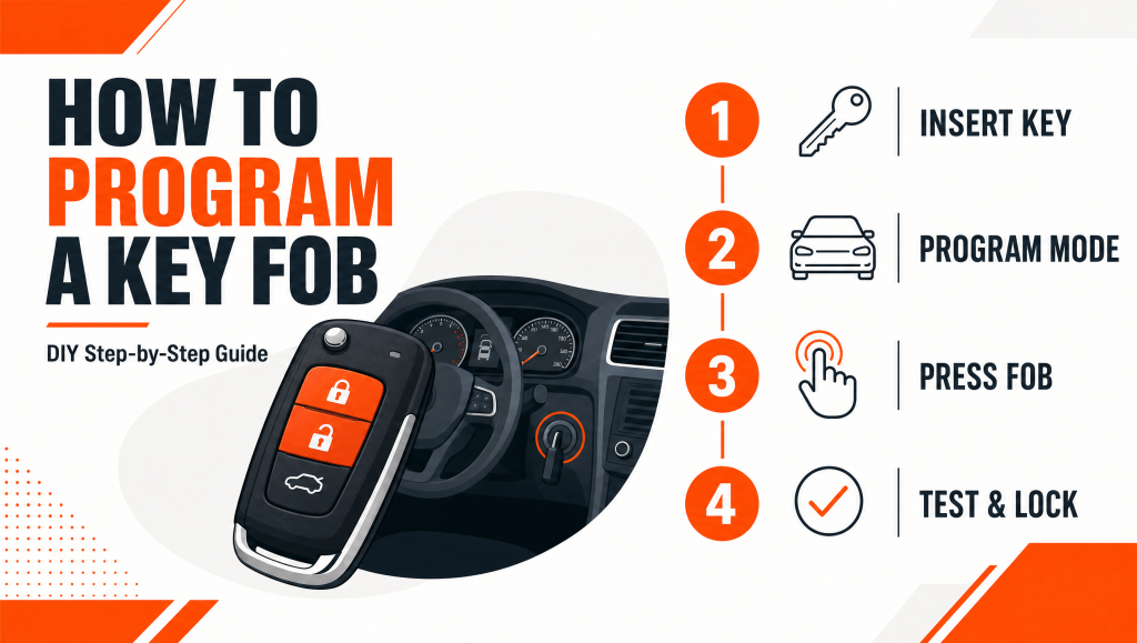 Infographic banner showing how to program a key fob in 4 steps — Discount Locksmith of Albuquerque